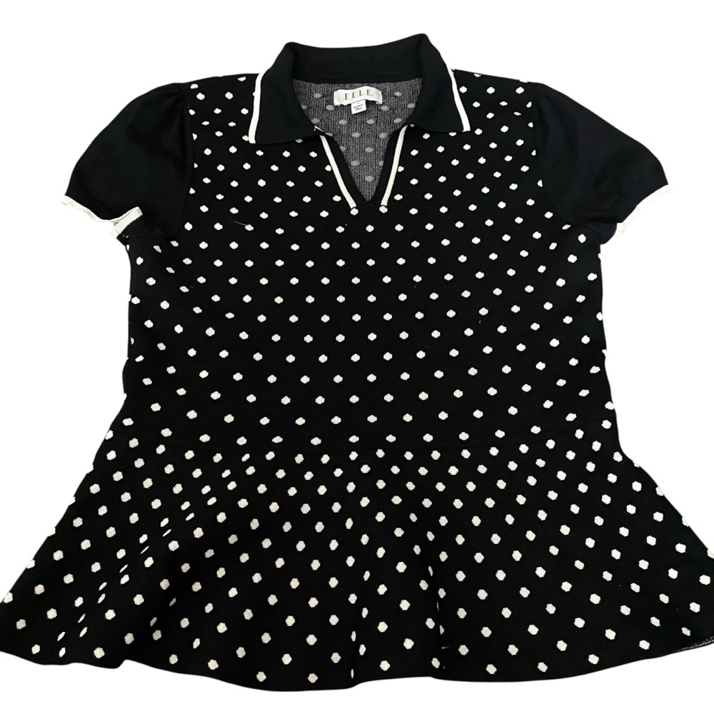 Elle Black White Polka Dot Peplum Women's Collared Short Sleeve Blouse Size L